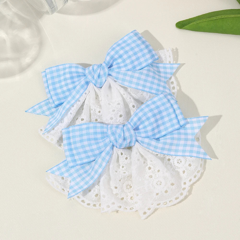 2Pcs New Korean Red Plaid Bow Hair Clips For Girls Cute White Lace Flower Hairpins Sweet Daily Trendy Headwear Hair Accessories