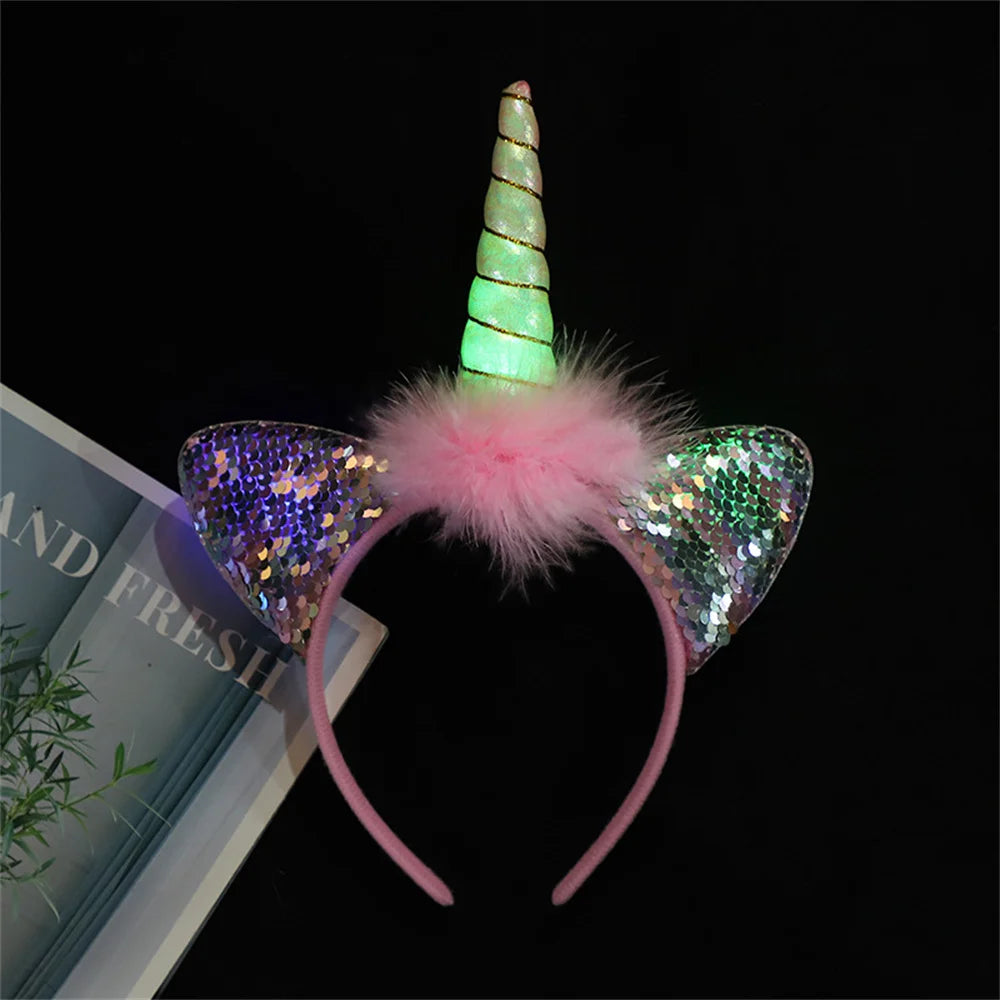 Led Light Unicorn Headband Kids Girl Birthday Cartoon Headwear Hair Accessories Rainbow Unicorn Theme Party Decoration Suppliese