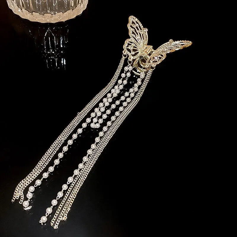 Butterfly Hair Clip With Long Tassel Hair Accessories For Women Elegant Imitation Pearl Rhinestone Shark Hairpins Jewelry K-