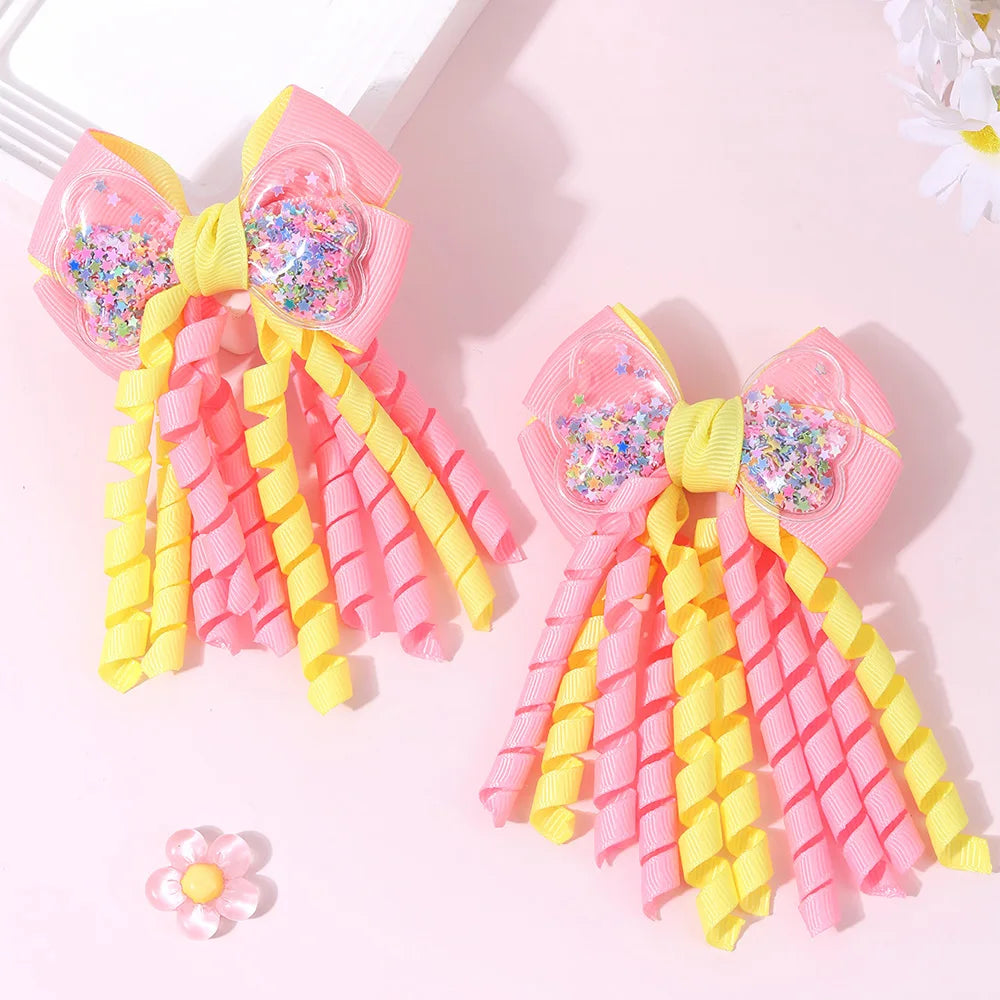 2Pcs Girls Mermaid Bow Hair Clips Cute Cartoon Mermaid Pearls Hairpins Octopus Curled Grosgrain Ribbon Barrette Hair Accessories