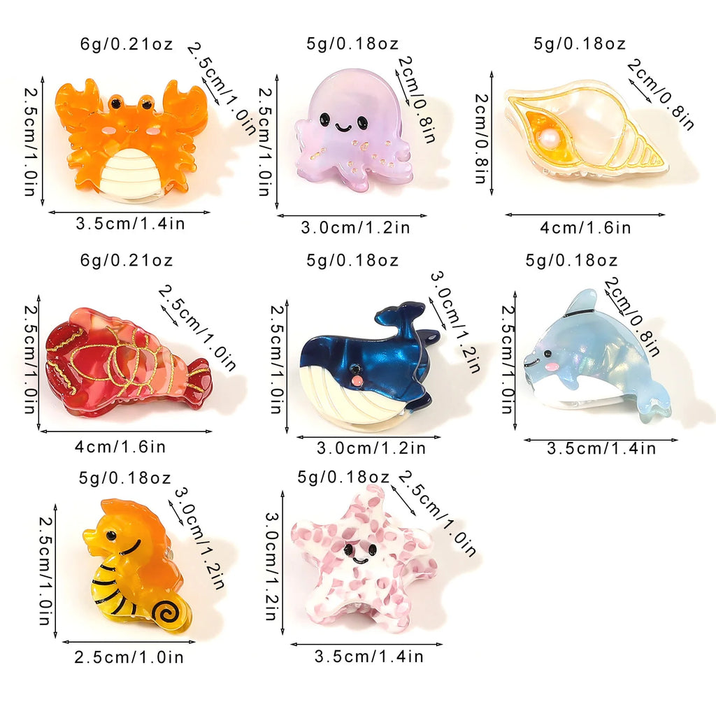 Fashion Cartoon Marine Small Animal Hairpins Cute Small Delicate Acetate Pan Hairpins Horsetail Half-tied Shark Clips Hair Claw octopus whale crab starfish seahorse shell lobster dolphin holidays beach party