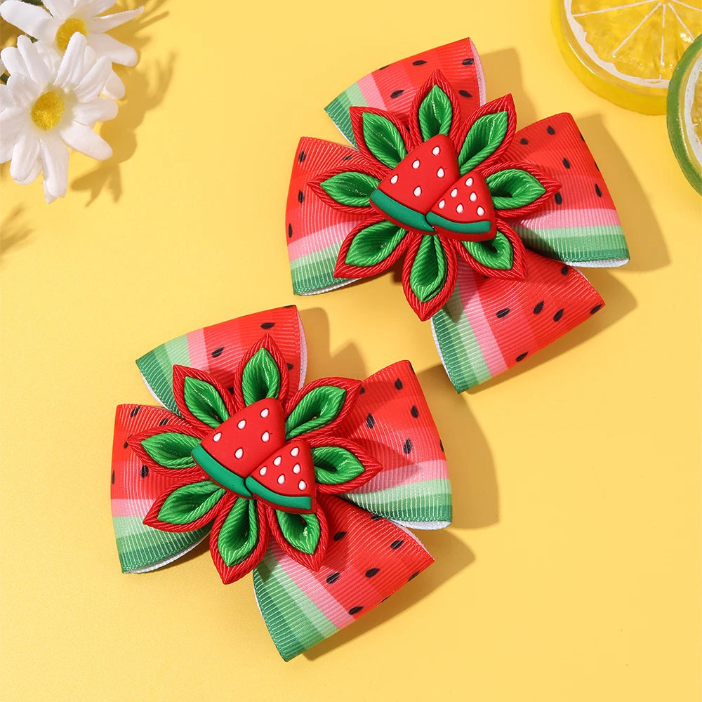 2Pcs Watermelon Bow Hair Clip Cute Fruit Flower Hairpin Ribbon Barrette For Girls Children Summer Headwear Headdress Accessories