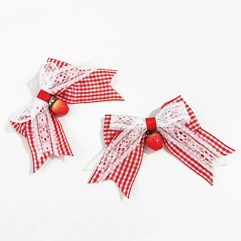 Red Bow Hair Clips Fashion Plaid Stripes Hairpins Strawberry Cherry Barrettes Sweet Lace Headwear Princess Kids Hair Accessories