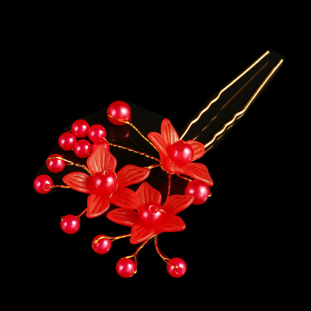 Festival Wedding Accessories Plait Hairpin Hair Jewelry Headdress Bride Hairpin Flower Hairpin Hair Clip pink white red
