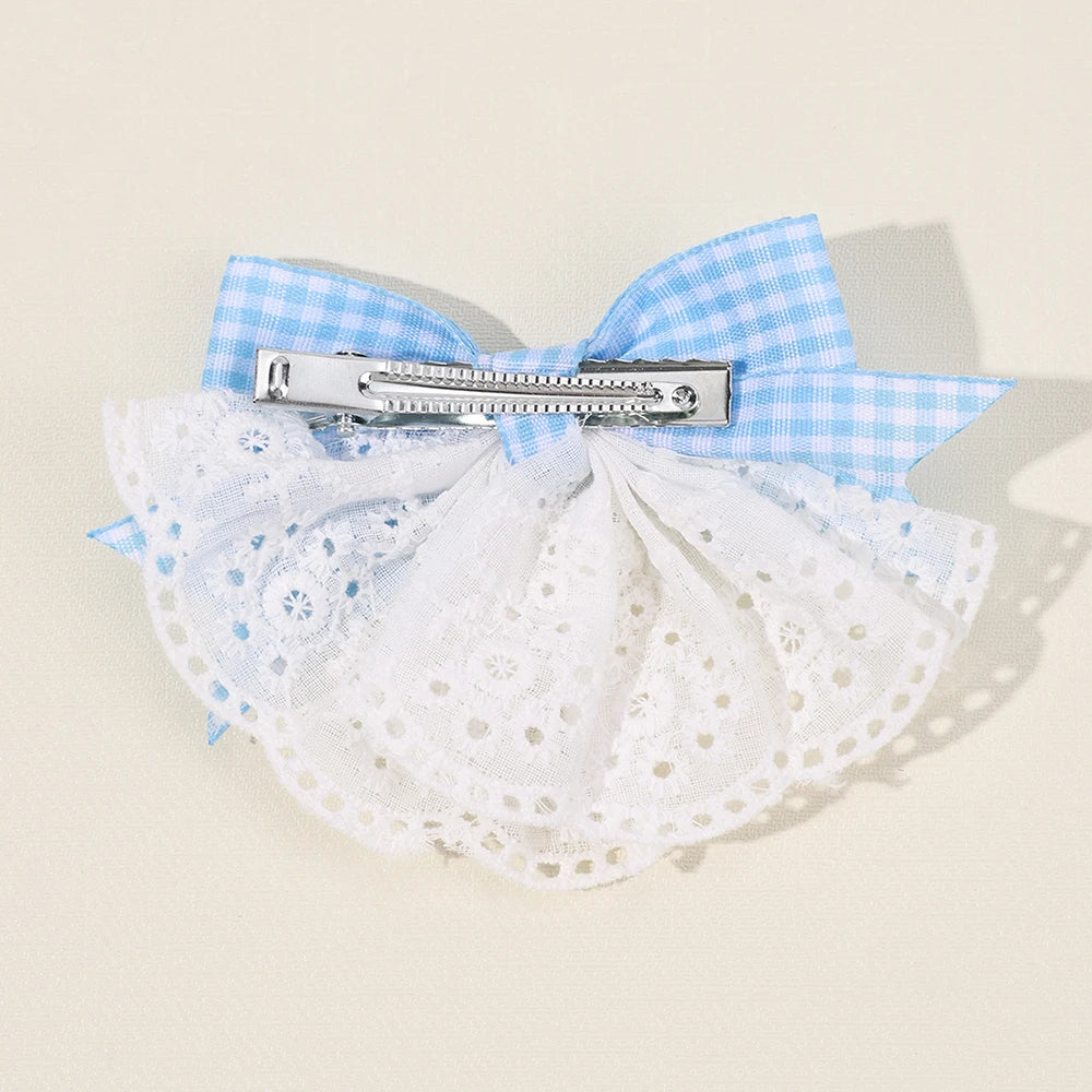 2Pcs New Korean Red Plaid Bow Hair Clips For Girls Cute White Lace Flower Hairpins Sweet Daily Trendy Headwear Hair Accessories
