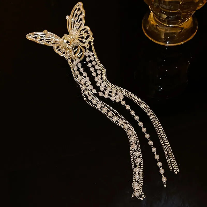 Butterfly Hair Clip With Long Tassel Hair Accessories For Women Elegant Imitation Pearl Rhinestone Shark Hairpins Jewelry K-