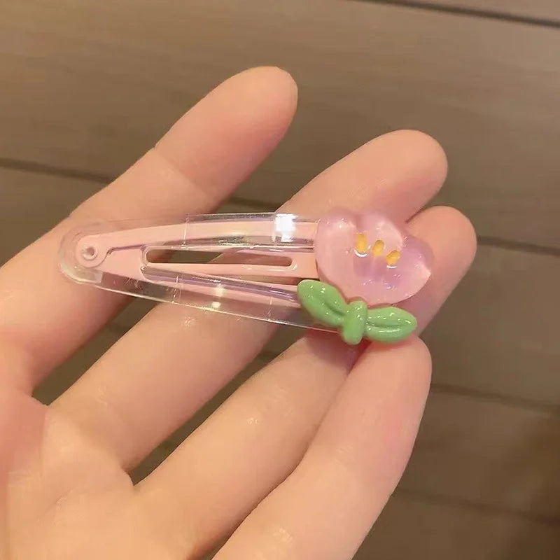 2pcs Cute Cartoon Duck Hair Clips Sweet Tulip Flower BB Hairpins for Girls Transparent Yellow Duckling Side Bangs Accessories