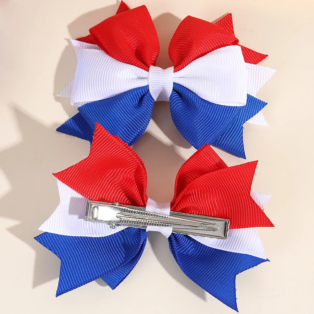 2Pcs USA Flag Bow Hair Clip Ribbon Patriotic American Flag Design Red White Blue Bow Barrettes For 4th Of July Party Accessories trip to America Florida New York holiday