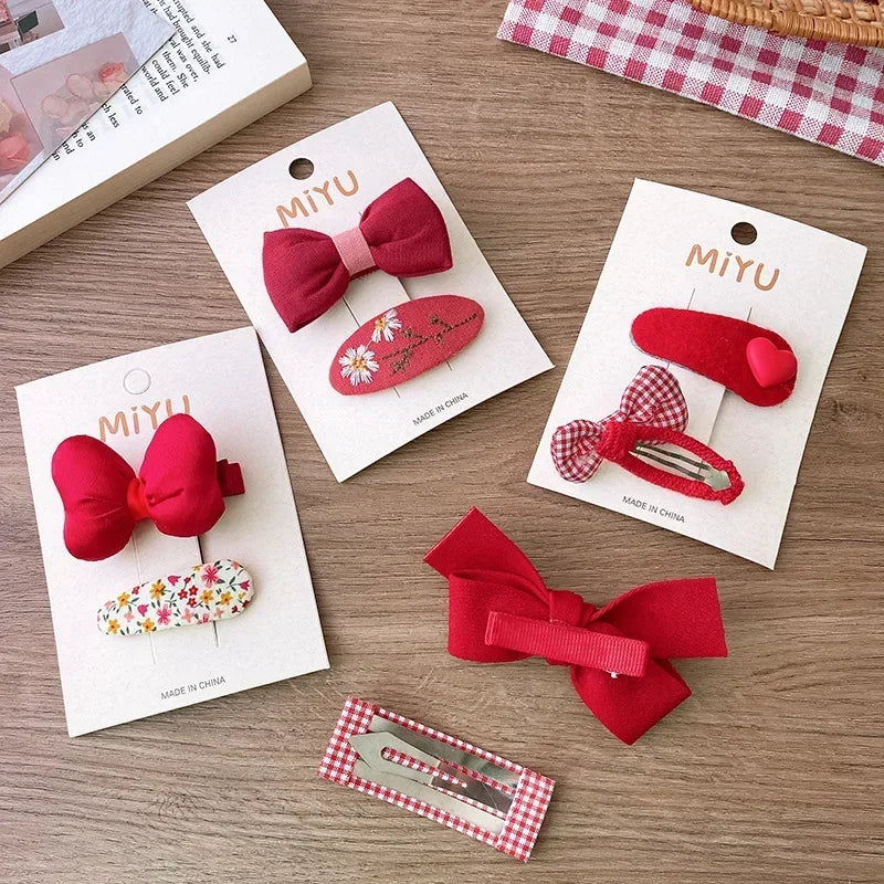2pcs Red Colour Girl Hair Clip Christmas summer spring Bow Floral Children's Clip Sweet Hair Accessories