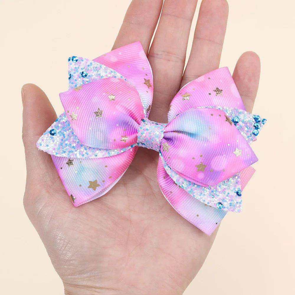 2Pcs Rainbow Star Hair Clips Sweet Glitter Sequin Hairpins New Ribbon Barrette For Girls Children Headwear Hair Accessories Gift party girls