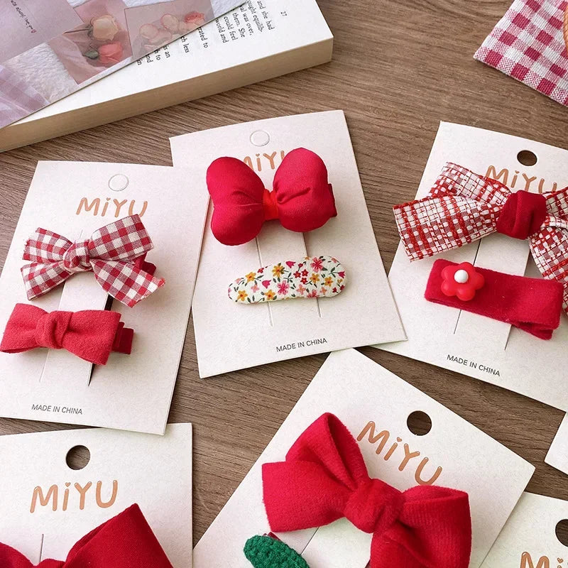 2pcs Red Colour Girl Hair Clip Christmas summer spring Bow Floral Children's Clip Sweet Hair Accessories