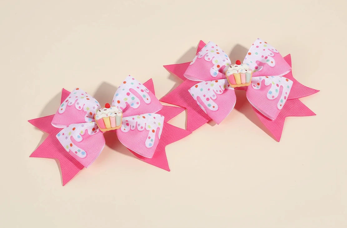 2Pcs Trendy Cream Bow Hair Clips Pink Ribbon Alloy Base Hairpin Sweet Kawaii Dessert Headwear Girls Children's Hair Accessories