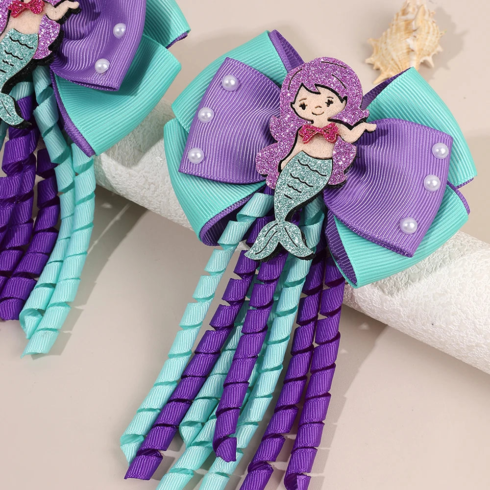 2Pcs Girls Mermaid Bow Hair Clips Cute Cartoon Mermaid Pearls Hairpins Octopus Curled Grosgrain Ribbon Barrette Hair Accessories