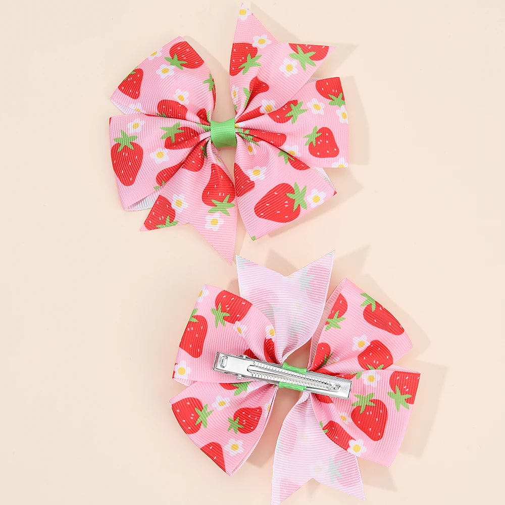 2Pcs juicu Strawberry scrunchie Hair Clips Pink Sweet Flower Print Hairpin Trendy Barrette For Girls Children Kids Headdress Accessories