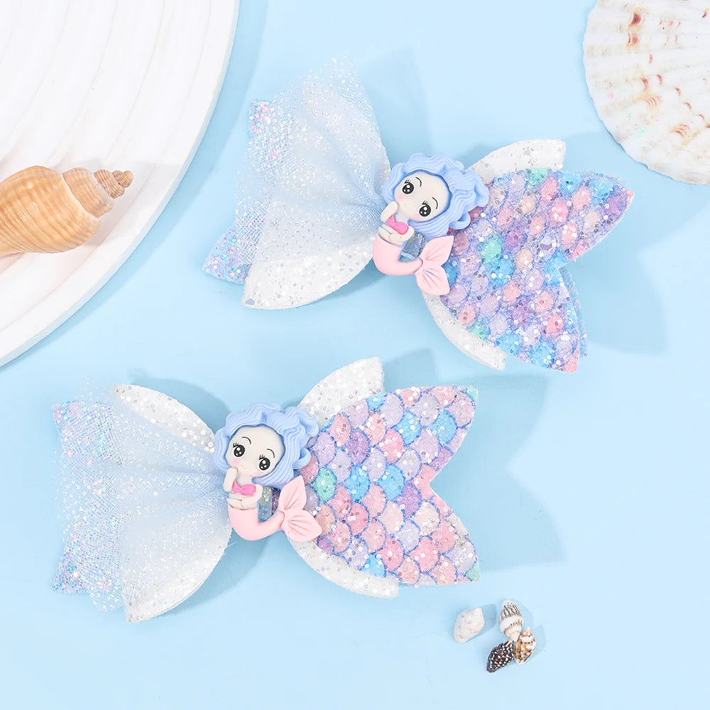 2Pcs Cartoon Mermaid Hair Clips Glitter Bow Hairpin Sparkly Barrette For Girls Children Summer Beach Headdress Hair Accessories
