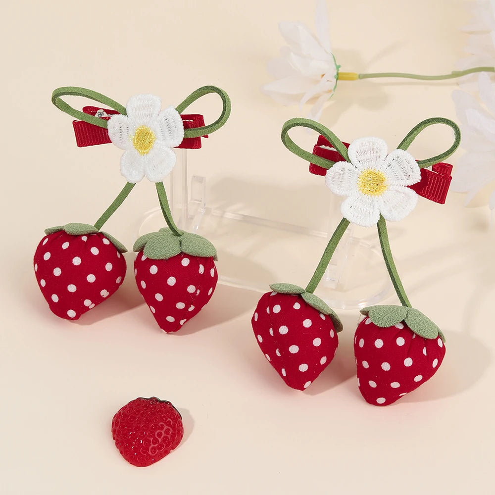 Juicy Strawberry Bow Hair Clips Sweet Flower Lace Ribbon Bownot Hairpins For Girls Children Trendy Cute Headwear Accessories half hair up half down , party holiday cruise