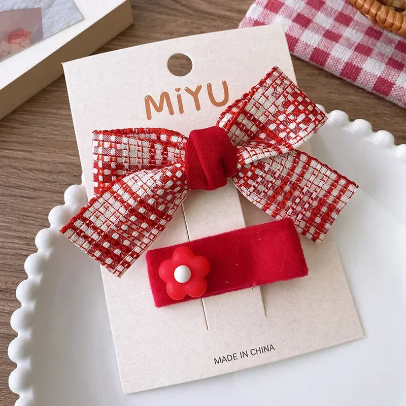 2pcs Red Colour Girl Hair Clip Christmas summer spring Bow Floral Children's Clip Sweet Hair Accessories