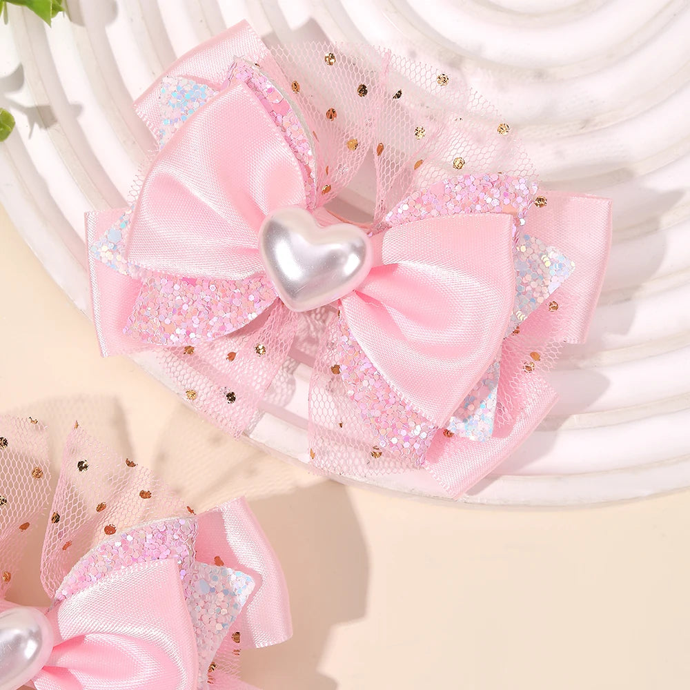 2Pcs Trendy Chiffon Bow Hair Clips For Girls Mesh Dot Hairpins Glitter Three-Tier Bownot Barrette Children Headwear Accessories