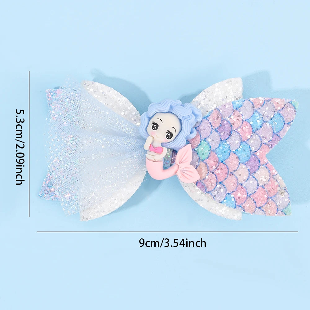 2Pcs Cartoon Mermaid Hair Clips Glitter Bow Hairpin Sparkly Barrette For Girls Children Summer Beach Headdress Hair Accessories