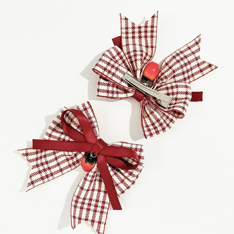 Red Bow Hair Clips Fashion Plaid Stripes Hairpins Strawberry Cherry Barrettes Sweet Lace Headwear Princess Kids Hair Accessories