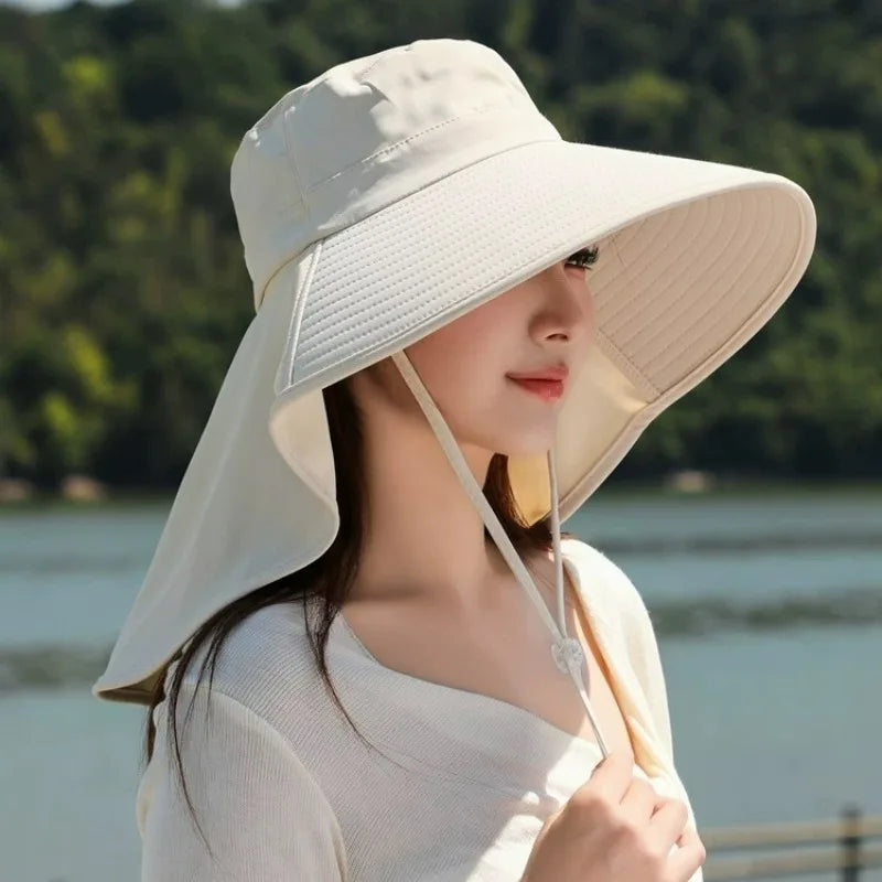 Women Large Brim UV Protection Sun Hat Summer Fiing Cap Breathable Outdoor Fishing Hiking Wide Brim Shawl Sunscreen Ponytail Cap