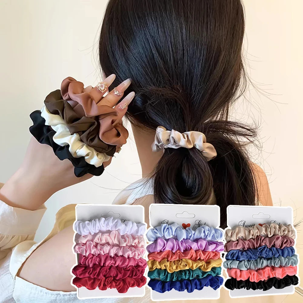 6pcs/lot Pure Silk Small Scrunchie Hair Bow Ties Ropes Bands Simple Satin Headwear Elastic Ponytail Holders For Women Girls bobbles