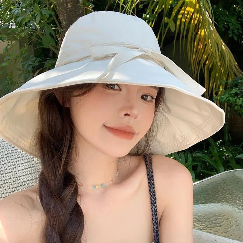 Women Lace-up Bowknot Sunscreen Fisherman Hat Large Brim Summer Anti-UV Strap Bucket Caps Korean Girl Travel Beach Basin Caps
