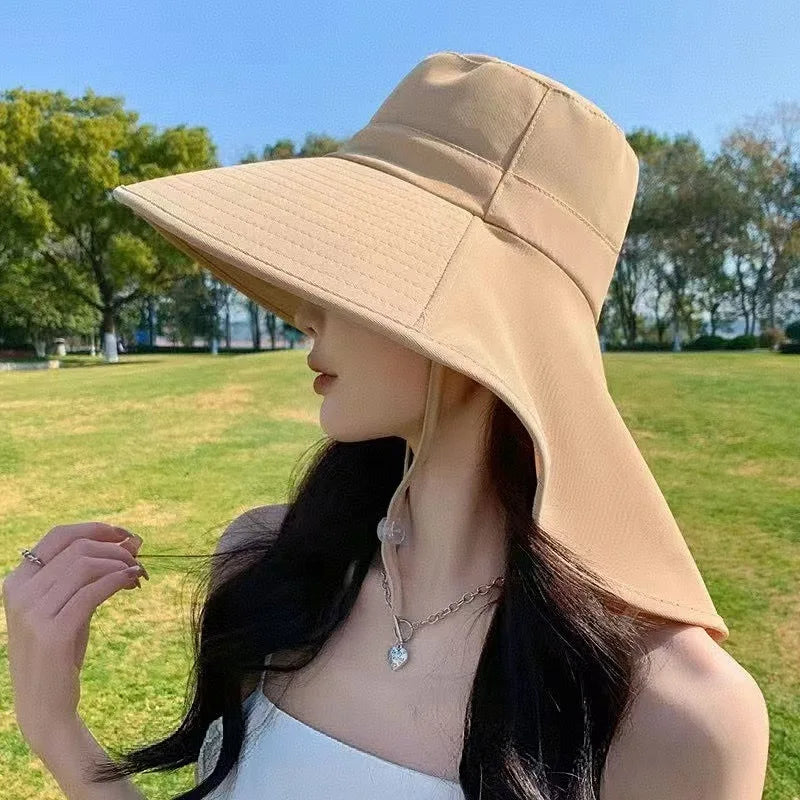 Women Large Brim UV Protection Sun Hat Summer Fiing Cap Breathable Outdoor Fishing Hiking Wide Brim Shawl Sunscreen Ponytail Cap