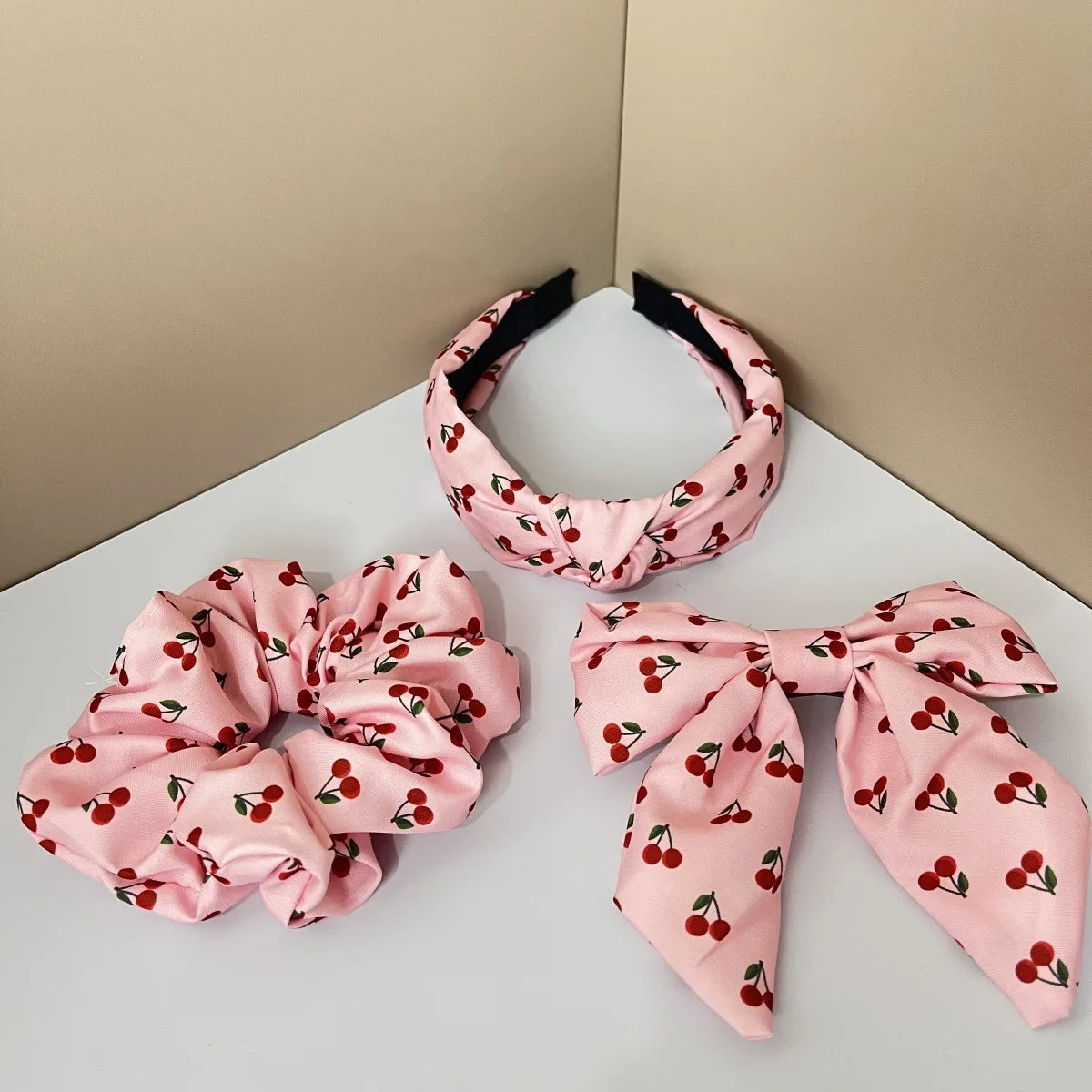 3PCS Fabric Solid Color Flower Fruit Pattern Lemon Orange Cherry Wide Knot Hairband Hair Accessories Set