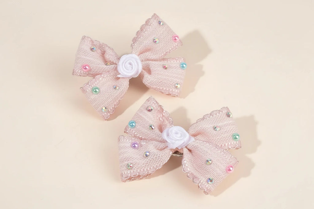 2Pcs Sweet Flower Bow Hair Clip Korean Solid Rose Rhinestone Barrettes Side Hairpins For Girls Children Headdress Accessories
