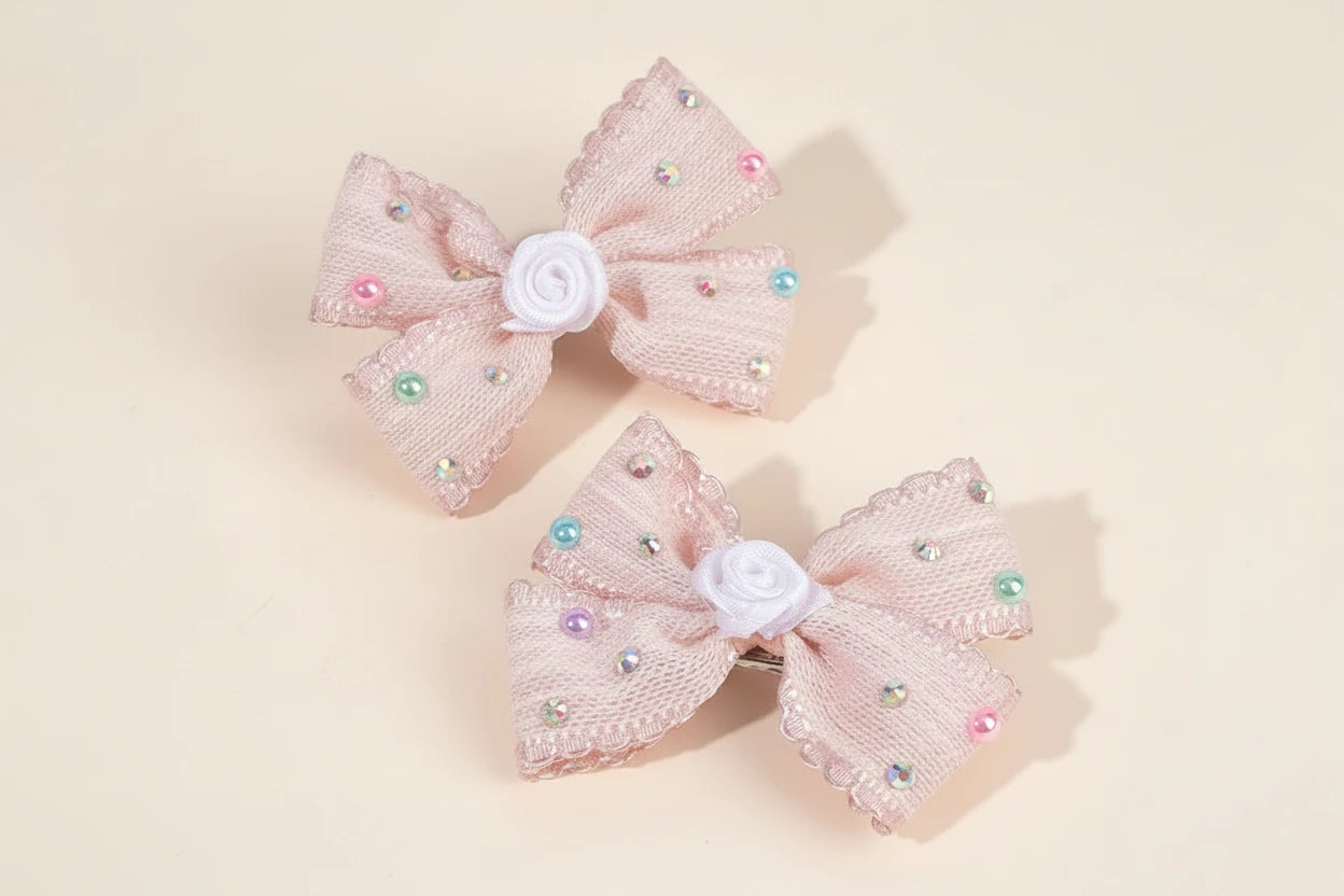 2Pcs Sweet Flower Bow Hair Clip Korean Solid Rose Rhinestone Barrettes Side Hairpins For Girls Children Headdress Accessories