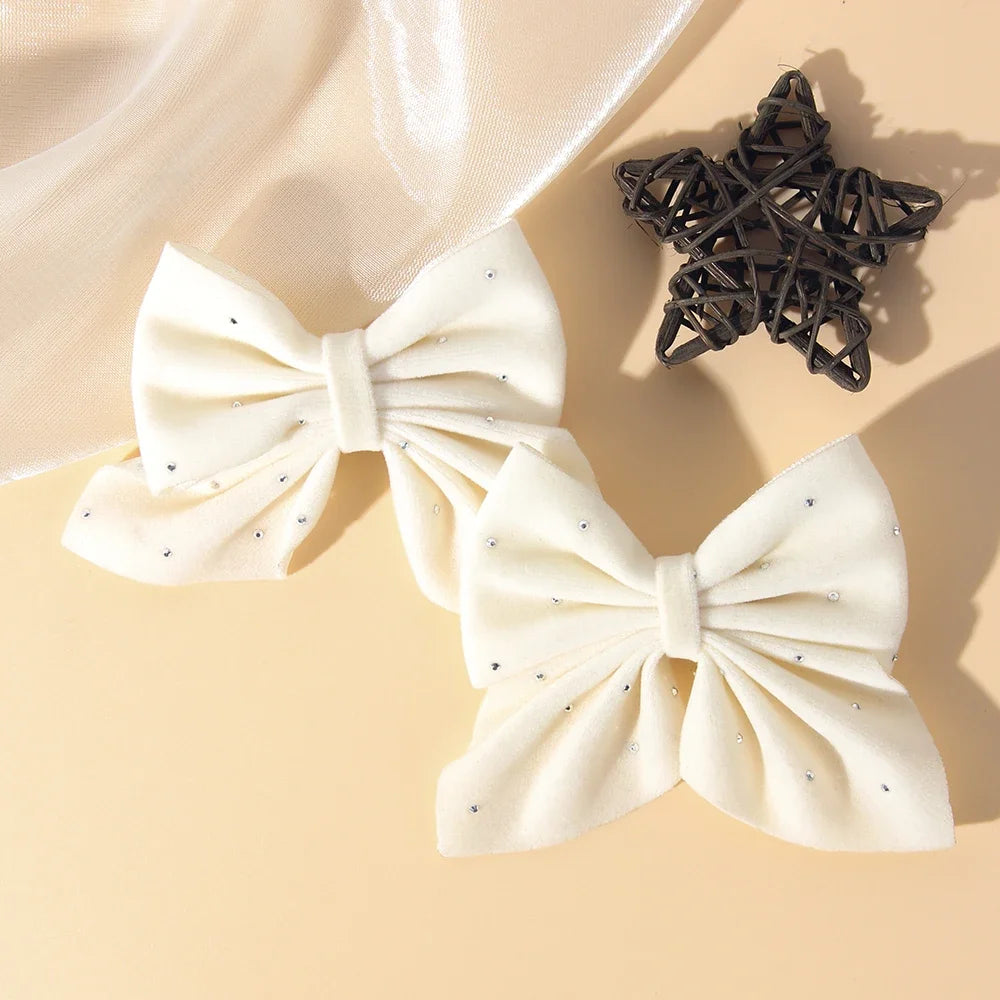 2PCS/Set Girl's Favorite Cute Bow Hair Clip Diamond Embellished Velvet Solid Color Bow Alloy Safe Hair Accessory Kids Gift