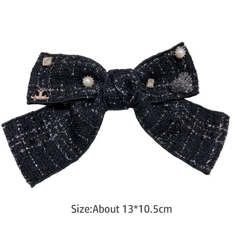 Elegant Plaid Cloth Hairpins Adult Crystal Heart Pearl Luxury Fabric Bow Hair Clip Pin for Girls Women Hair Jewelry Headpiece party’s holidays tweed