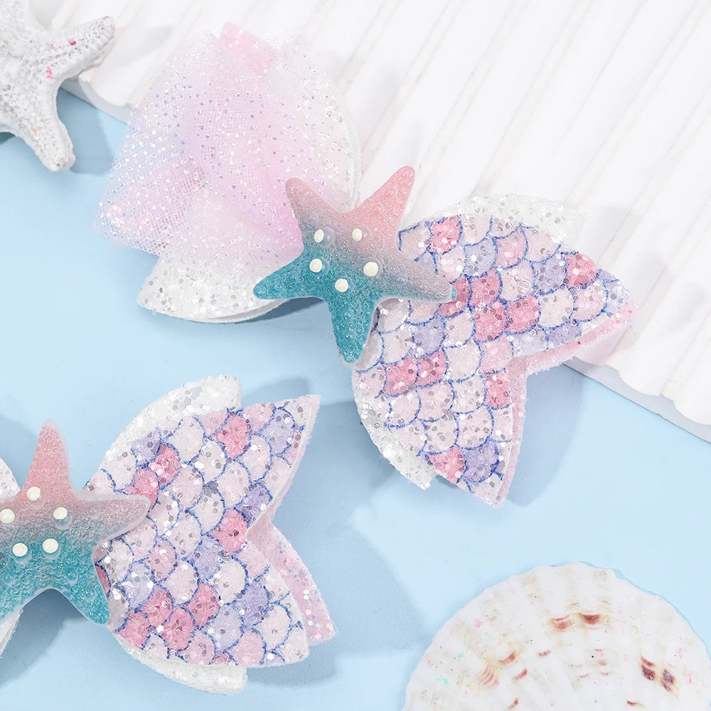 2Pcs Cartoon Mermaid Hair Clips Glitter Bow Hairpin Sparkly Barrette For Girls Children Summer Beach Headdress Hair Accessories