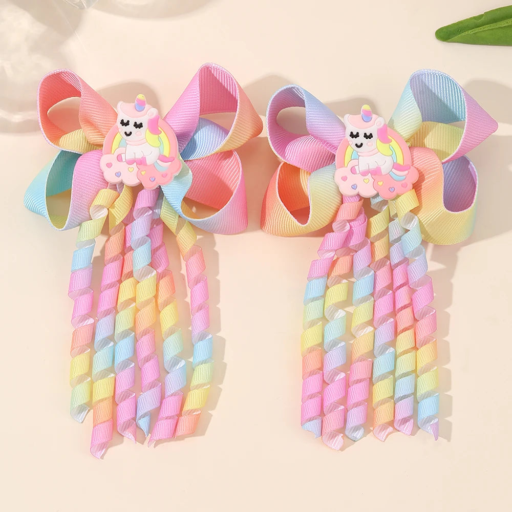 2Pcs Girls Mermaid Bow Hair Clips Cute Cartoon Mermaid Pearls Hairpins Octopus Curled Grosgrain Ribbon Barrette Hair Accessories