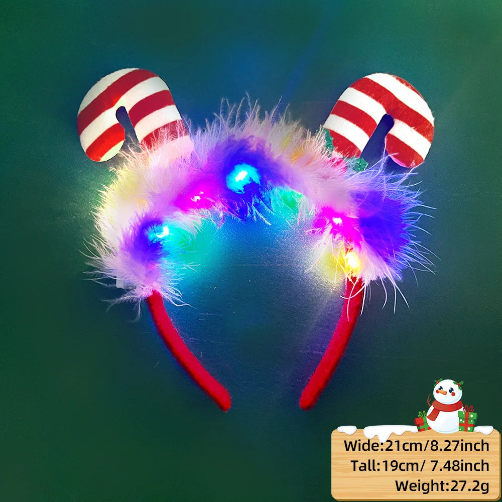 Christmas Candy Cane Headband LED Festive Party Hair Hoop Costume Headwear Glitter Tinsel Hairband Novelty Holiday Photo Prop