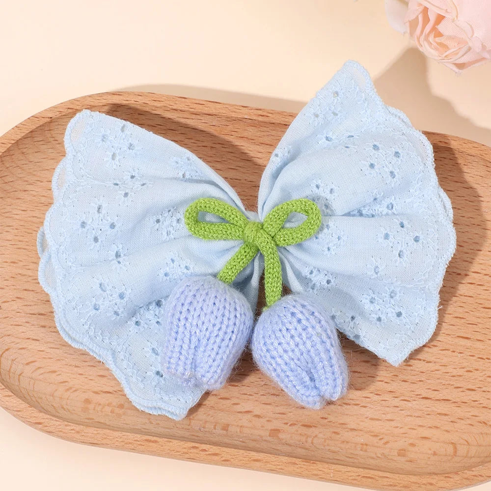 Knitted Tulip Bow Hair Clips Pure Cotton Crochet Flower Hairpin Hollow Out Floral Embroidery Design Barrette Hair Accessories beautiful Amsterdam trip