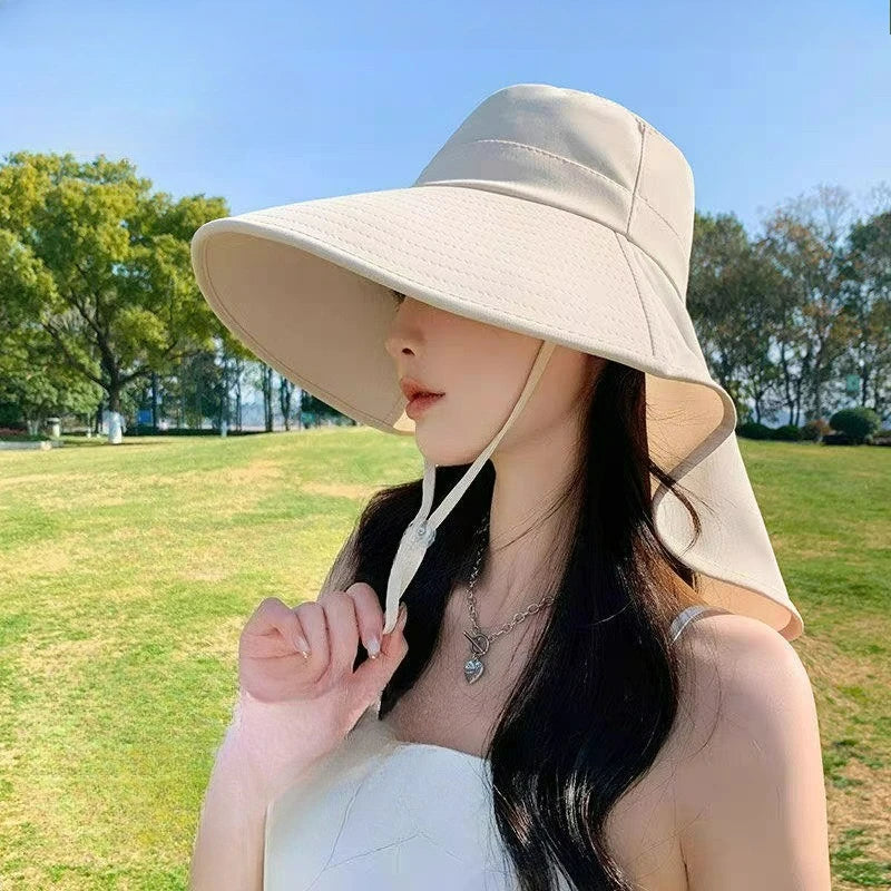 Women Large Brim UV Protection Sun Hat Summer Fiing Cap Breathable Outdoor Fishing Hiking Wide Brim Shawl Sunscreen Ponytail Cap