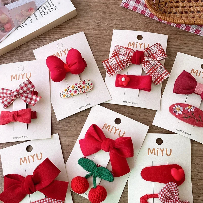 2pcs Red Colour Girl Hair Clip Christmas summer spring Bow Floral Children's Clip Sweet Hair Accessories