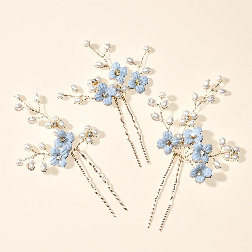 3pcs Blue Flower U Shaped Hair Pins Pearl Elegant Hair Clips Headwear for Wedding Bridal Hairclip Women Hair Jewelry Accessories something blue