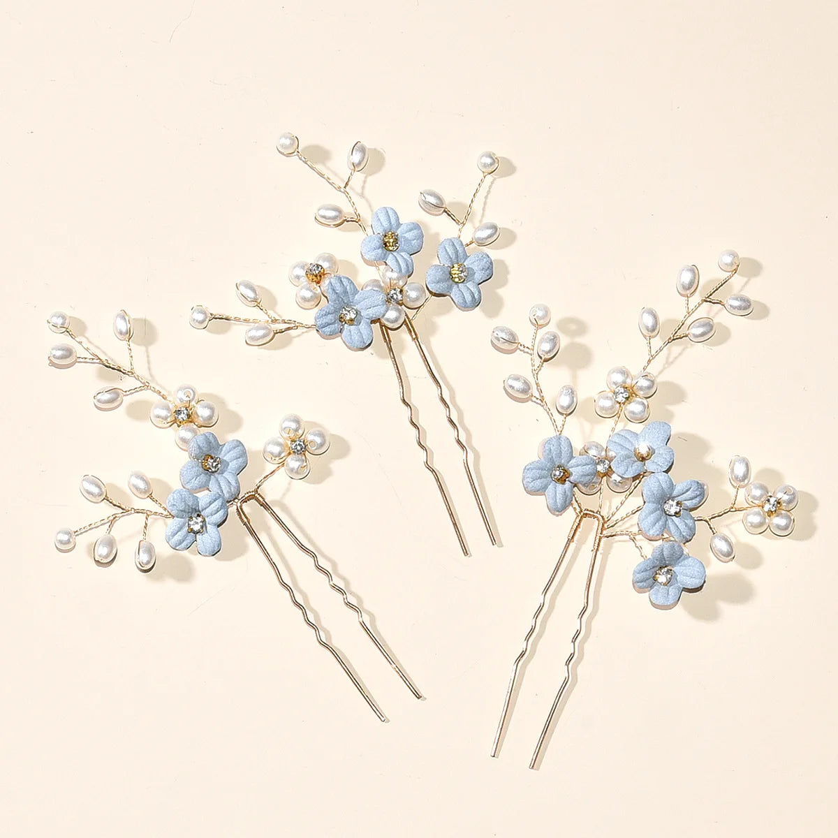 3pcs Blue Flower U Shaped Hair Pins Pearl Elegant Hair Clips Headwear for Wedding Bridal Hairclip Women Hair Jewelry Accessories something blue