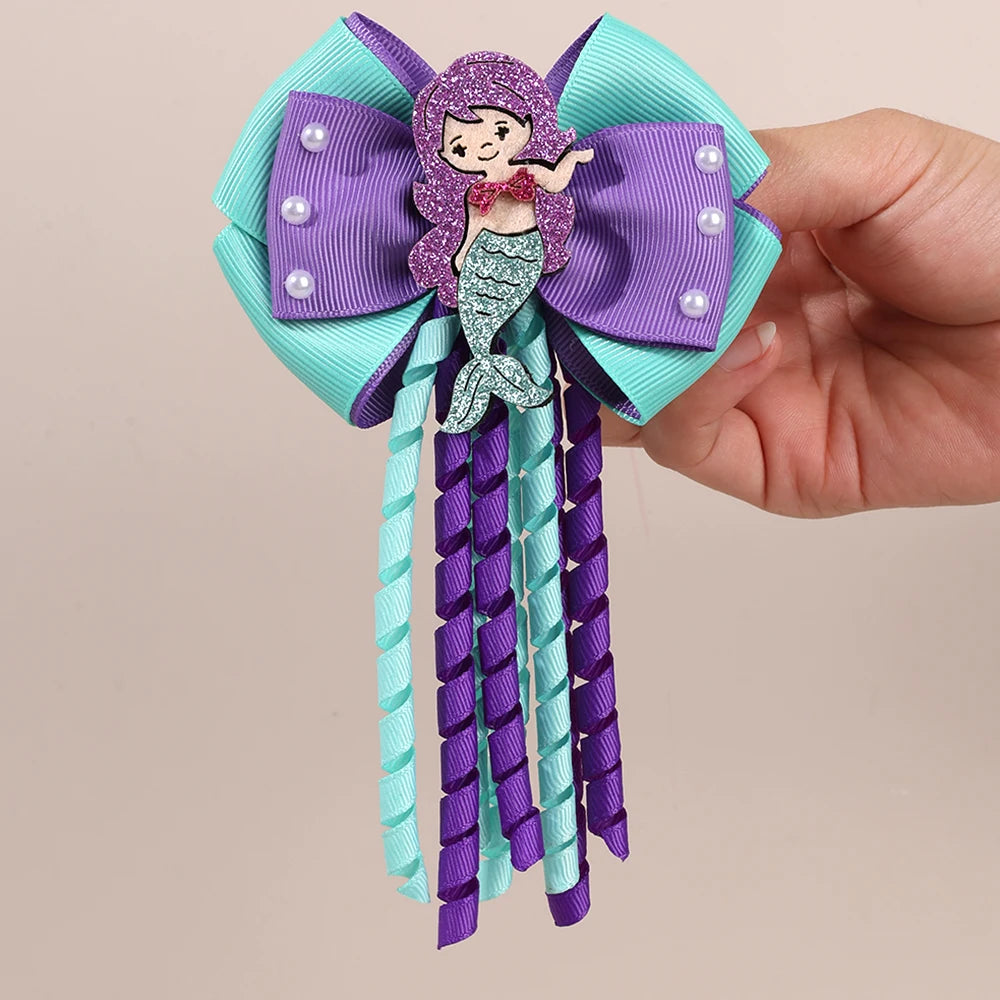 2Pcs Girls Mermaid Bow Hair Clips Cute Cartoon Mermaid Pearls Hairpins Octopus Curled Grosgrain Ribbon Barrette Hair Accessories