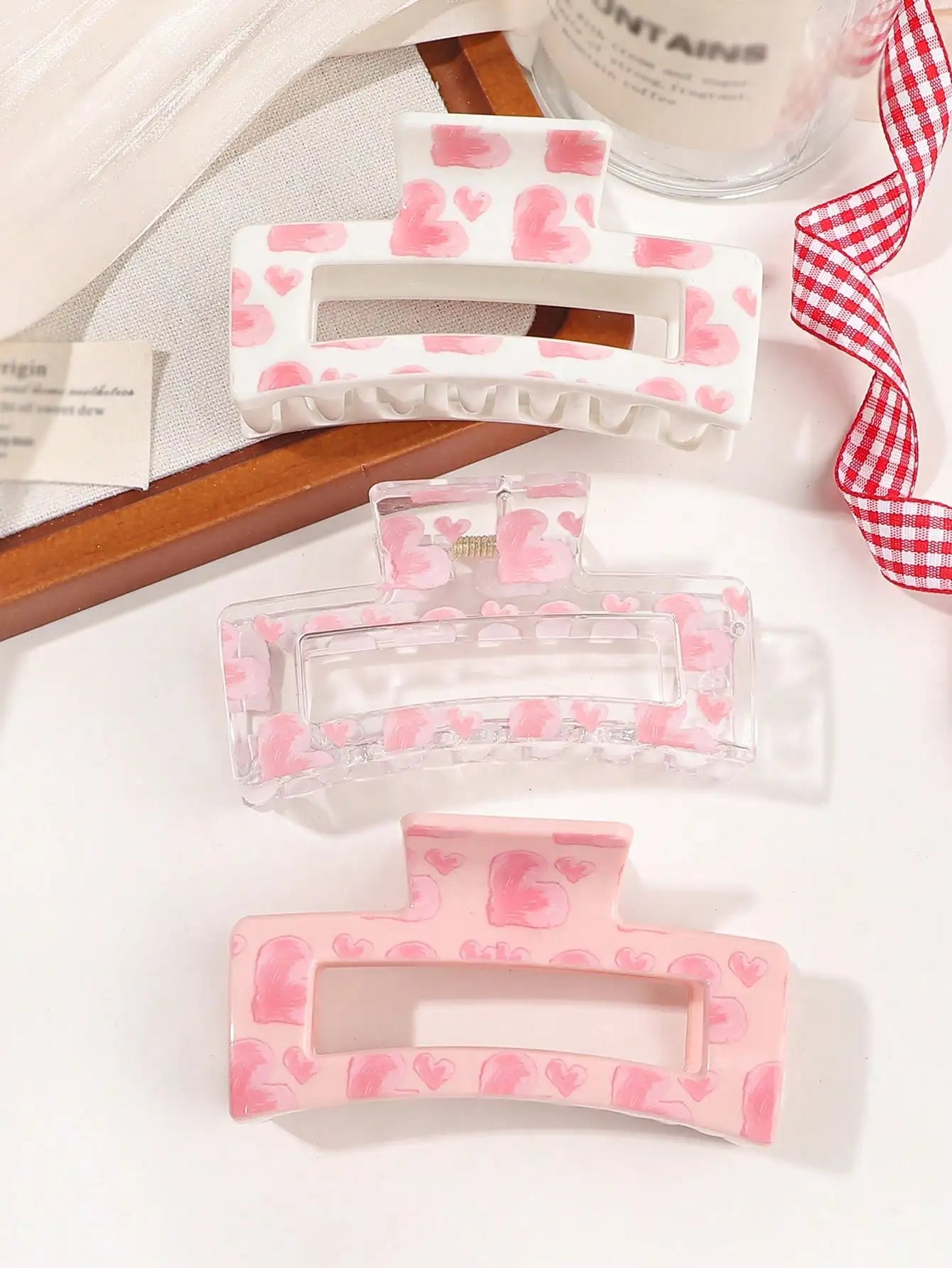3 x  Pink Love Print  Claw Clips