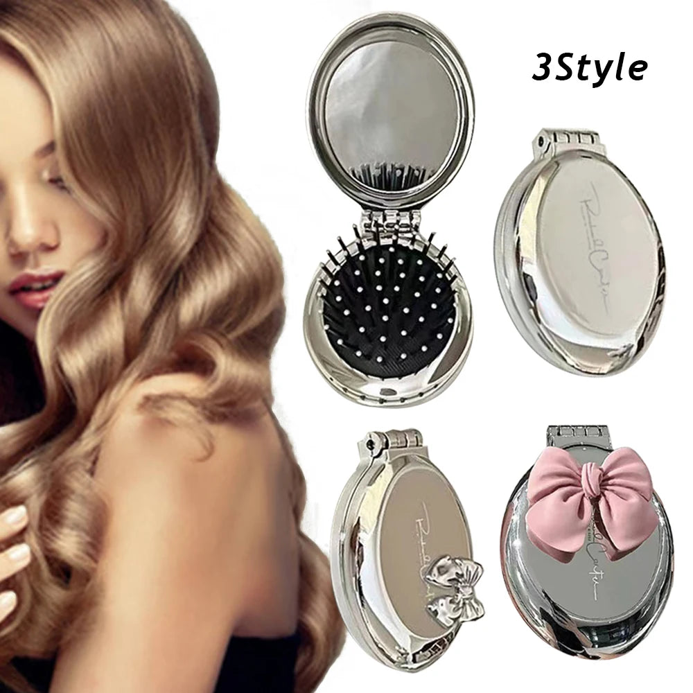 Folding hair brush compact mirror