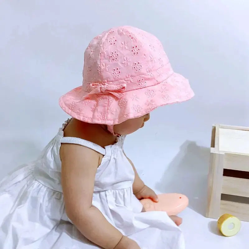 Bows Baby Bucket Hat Summer Thin Breathable Infant Girls Sun Hats Cotton Hollow Soft Toddler Panama Cap