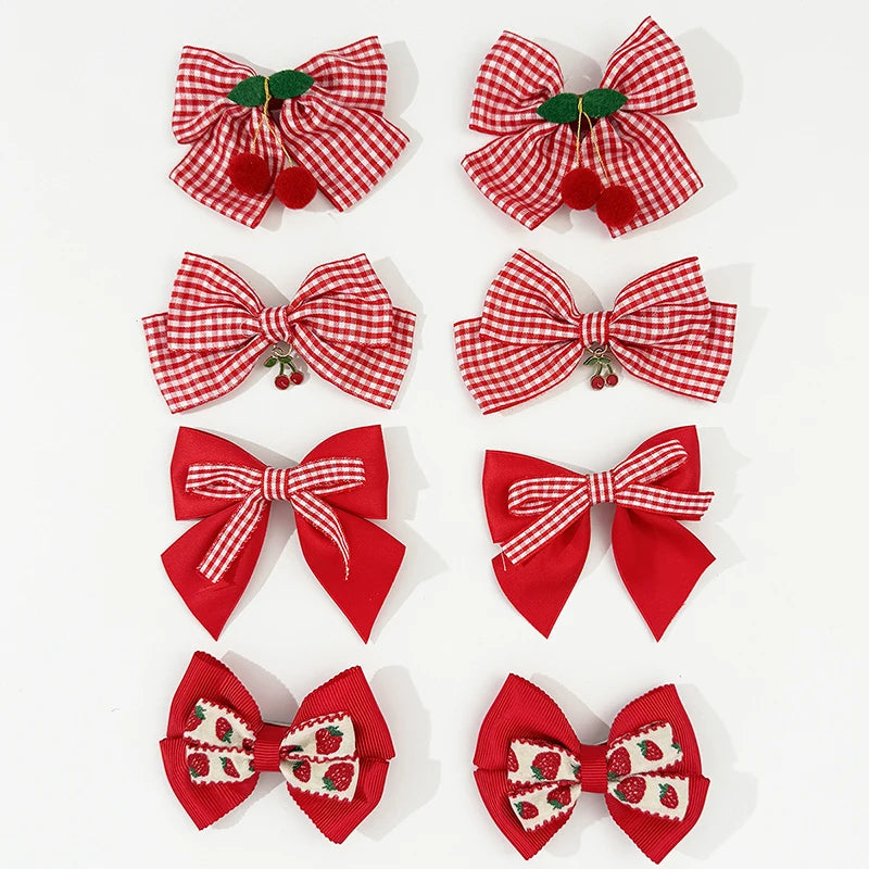 Red Bow Hair Clips Fashion Plaid Stripes Hairpins Strawberry Cherry Barrettes Sweet Lace Headwear Princess Kids Hair Accessories