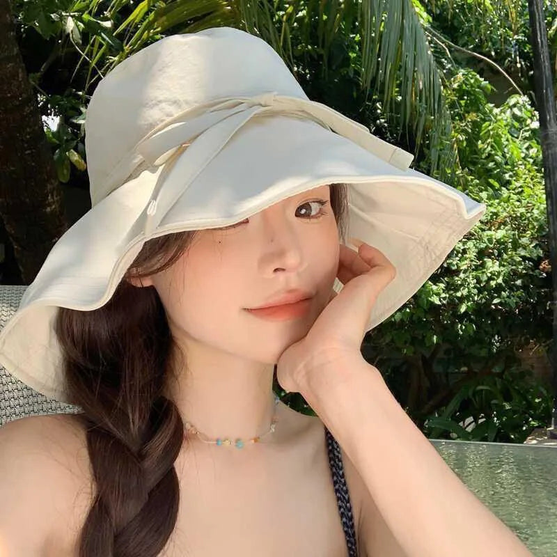 Women Lace-up Bowknot Sunscreen Fisherman Hat Large Brim Summer Anti-UV Strap Bucket Caps Korean Girl Travel Beach Basin Caps