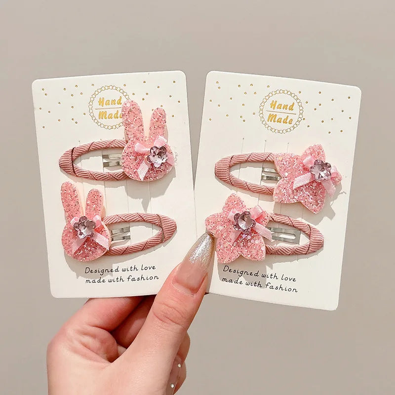 Pink Shiny Rhinestone Rabbit Headwear Baby Girl Sequin Star Hair Clips Elastic Rubber Bands Sweet Princess Kids Hair Accessories