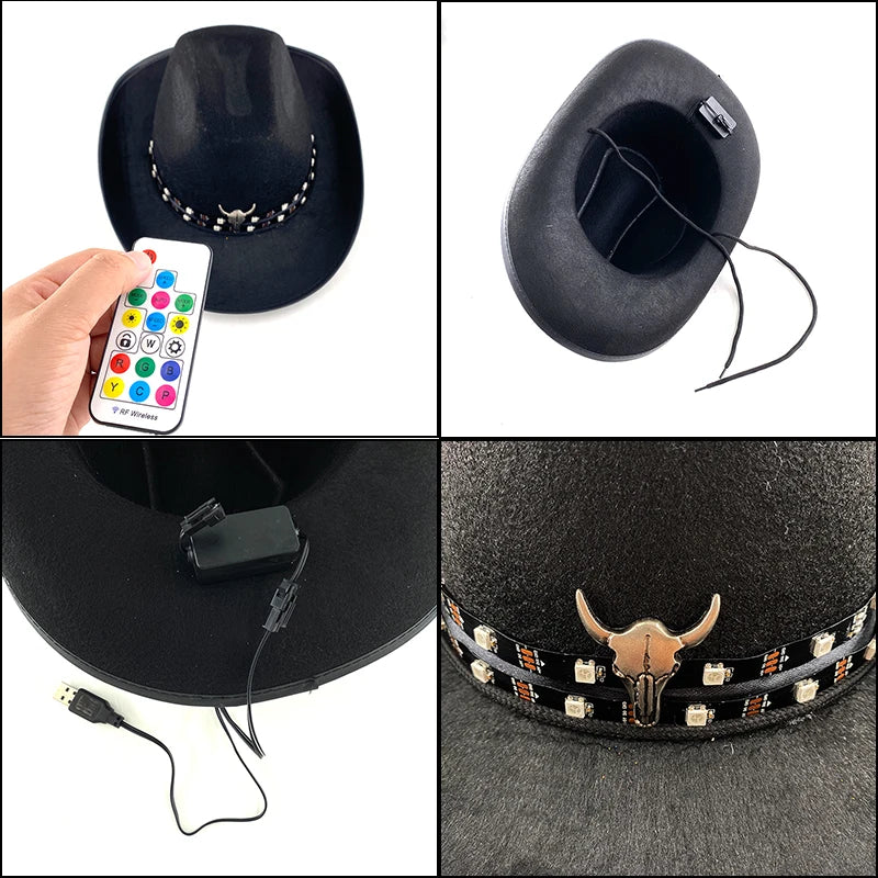 LED Glowing Cowgirl boy Hat Neon Luminous Bride Hat For Holiday Light Up Supplies Fluorescent Party Props Bachelorette Party Hat