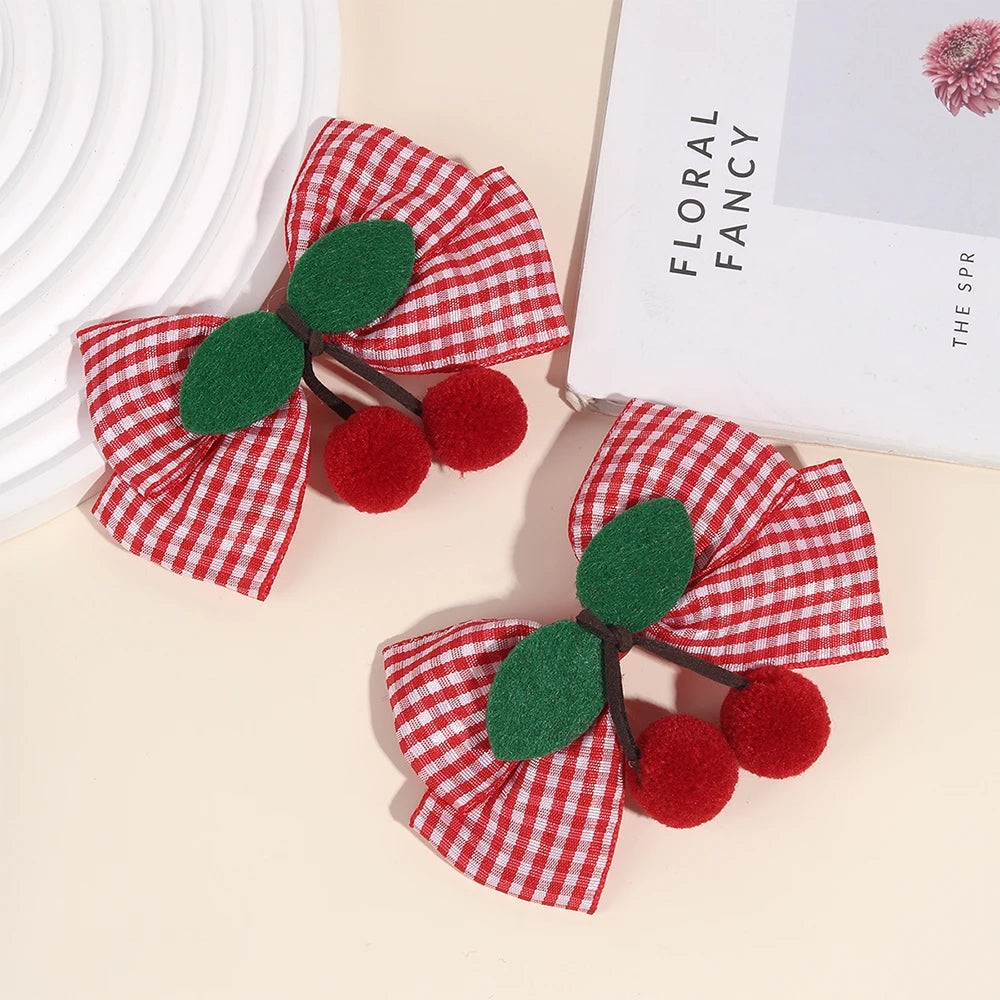 2Pcs Cherry Bow Hair Clips Strawberry Plaid Hairpin Sweet Fashion Barrette For Girls Children's Headdress  Kids school holidays Accessories cruise beach party